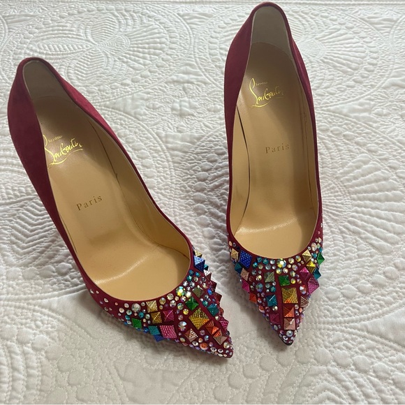 CHRISTIAN LOUBOUTIN Keopump 100 Veau Velours Pink Fuschia Suede Jewels 39.5 - Picture 4 of 12
